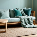 A tranquil and inviting living room interior, designed for comfort and well-being. Walls are painted in a soft blue-green tone, complemented by natural wood furniture. The space features a plush, chunky knit throw blanket draped over a neutral sofa, velvet cushions, and a soft, inviting jute rug. A subtle aromatic diffuser and a flickering candle on a side table suggest a calming vanilla or lavender scent. The room is bathed in soft, layered ambient lighting, creating a harmonious and serene atmosphere. fully clothed, appropriate content, safe for work, professional, perfect anatomy, correct proportions, natural pose, well-formed hands, proper finger count, natural body proportions, high-quality professional photography, interior design magazine aesthetic.