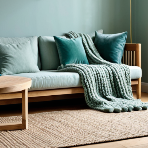 Home 18 A tranquil and inviting living room interior, designed for comfort and well-being. Walls are painted in a soft blue-green tone, complemented by natural wood furniture. The space features a plush, chunky knit throw blanket draped over a neutral sofa, velvet cushions, and a soft, inviting jute rug. A subtle aromatic diffuser and a flickering candle on a side table suggest a calming vanilla or lavender scent. The room is bathed in soft, layered ambient lighting, creating a harmonious and serene atmosphere. fully clothed, appropriate content, safe for work, professional, perfect anatomy, correct proportions, natural pose, well-formed hands, proper finger count, natural body proportions, high-quality professional photography, interior design magazine aesthetic.