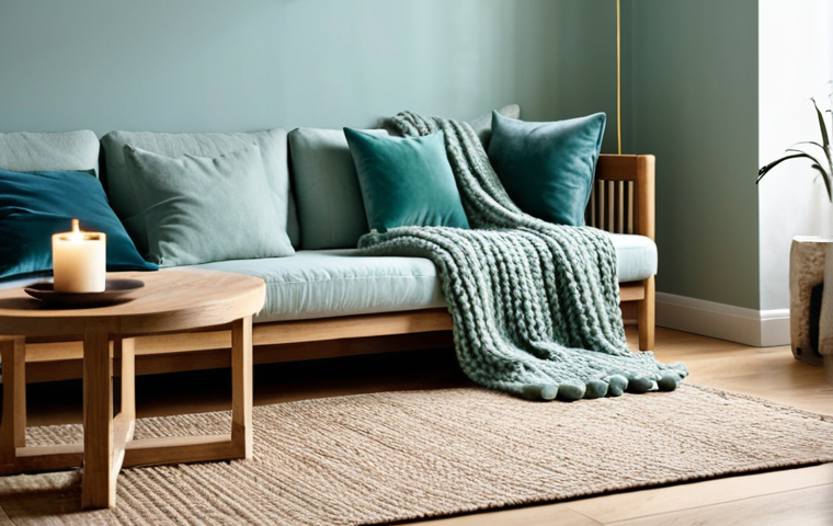 A tranquil and inviting living room interior, designed for comfort and well-being. Walls are painted in a soft blue-green tone, complemented by natural wood furniture. The space features a plush, chunky knit throw blanket draped over a neutral sofa, velvet cushions, and a soft, inviting jute rug. A subtle aromatic diffuser and a flickering candle on a side table suggest a calming vanilla or lavender scent. The room is bathed in soft, layered ambient lighting, creating a harmonious and serene atmosphere. fully clothed, appropriate content, safe for work, professional, perfect anatomy, correct proportions, natural pose, well-formed hands, proper finger count, natural body proportions, high-quality professional photography, interior design magazine aesthetic.