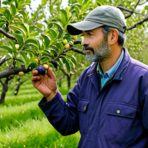Home 17 A professional gardener, fully clothed in modest, practical outdoor attire, stands in a large plum orchard, examining a plum tree. The tree shows subtle signs of environmental stress with some leaves displaying slight yellowing and small, underdeveloped fruits, indicating challenges with soil conditions or hydration. In the background, healthy plum trees with vibrant green foliage and robust fruit development are visible under soft, natural daylight. The image should convey a realistic, high-quality, professional photography style, safe for work, appropriate content, fully clothed, with perfect anatomy, correct proportions, a natural pose, well-formed hands, proper finger count, and natural body proportions.