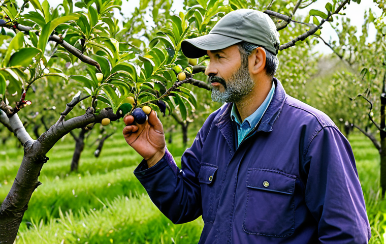 A professional gardener, fully clothed in modest, practical outdoor attire, stands in a large plum orchard, examining a plum tree. The tree shows subtle signs of environmental stress with some leaves displaying slight yellowing and small, underdeveloped fruits, indicating challenges with soil conditions or hydration. In the background, healthy plum trees with vibrant green foliage and robust fruit development are visible under soft, natural daylight. The image should convey a realistic, high-quality, professional photography style, safe for work, appropriate content, fully clothed, with perfect anatomy, correct proportions, a natural pose, well-formed hands, proper finger count, and natural body proportions.