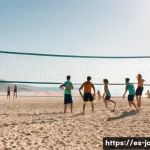 안녕자두야와 비슷한 만화 애니메이션 - **A sunny day at a beach volleyball game**:
    *   "A vibrant, wide shot of a beach volleyball game...