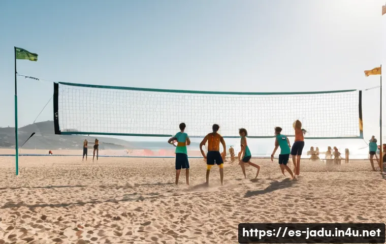안녕자두야와 비슷한 만화 애니메이션 - **A sunny day at a beach volleyball game**:
    *   "A vibrant, wide shot of a beach volleyball game...