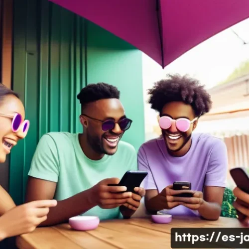 자두와 관련된 각종 밈 - A vibrant digital art scene showing a diverse group of young adults laughing and sharing memes on th...