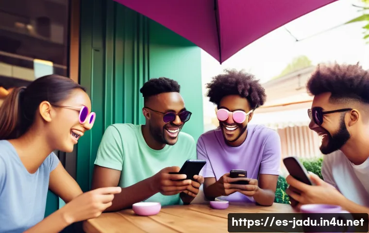 자두와 관련된 각종 밈 - A vibrant digital art scene showing a diverse group of young adults laughing and sharing memes on th...