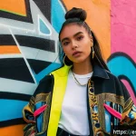 안녕자두야 캐릭터의 성장 과정 - A vibrant urban fashion photoshoot featuring a young female artist inspired by Anny Jadu’s style, we...