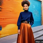 자두의 패션 스타일 - A vibrant urban fashion scene featuring a young woman confidently wearing a bold outfit combining bu...