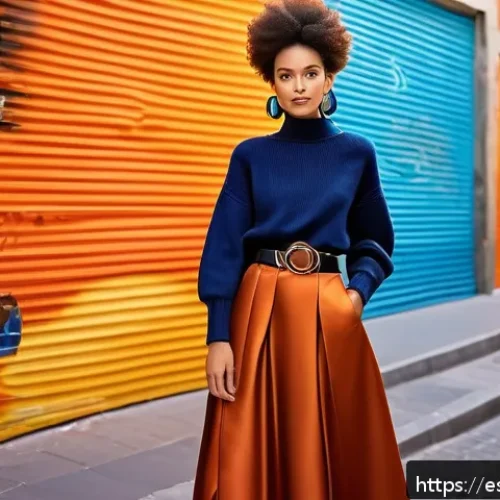 자두의 패션 스타일 - A vibrant urban fashion scene featuring a young woman confidently wearing a bold outfit combining bu...