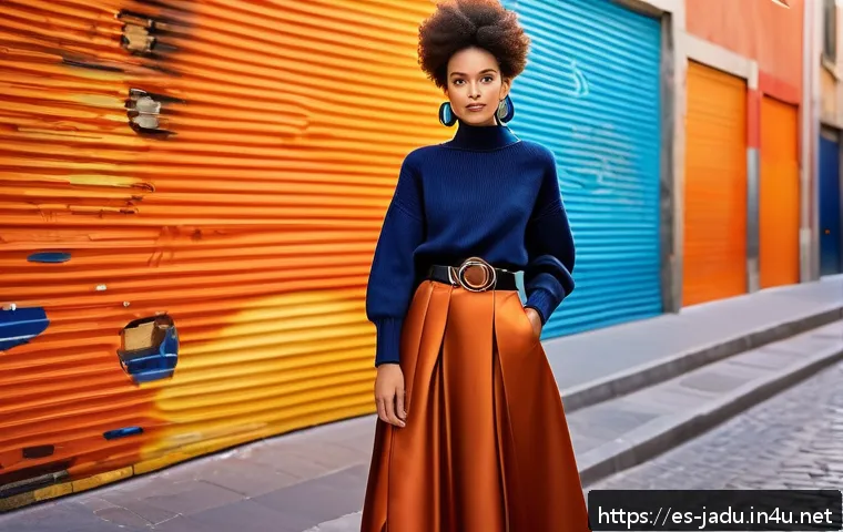 자두의 패션 스타일 - A vibrant urban fashion scene featuring a young woman confidently wearing a bold outfit combining bu...