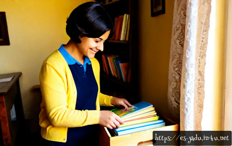 안녕자두야 스토리 아카이브 - Photorealistic cozy family archive room in a Spanish home, a cheerful school-age girl with short dar...